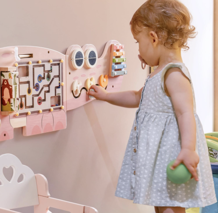 Placa Montessori Busy Board 10 activitati Dinozaur, din lemn, roz [3]