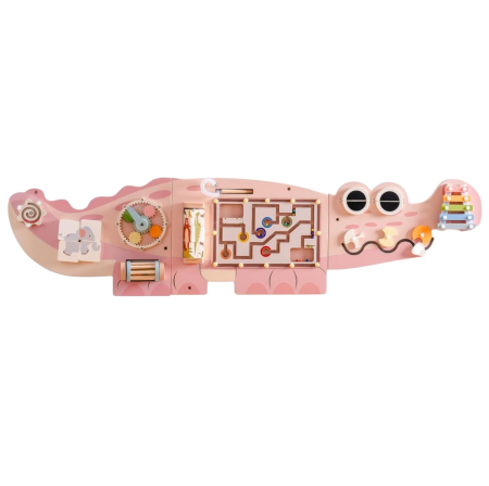 Jocuri si Jucarii - Placa Montessori Busy Board 10 activitati Dinozaur, din lemn, roz