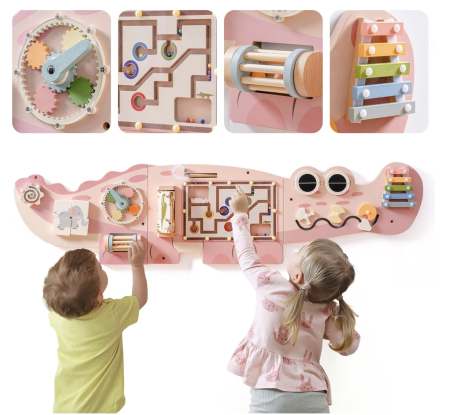 Placa Montessori Busy Board 10 activitati Dinozaur, din lemn, roz [2]