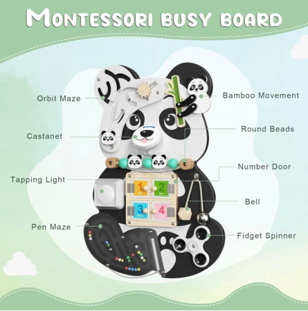 Placa Montessori Busy Board 10 activitati Ursuletul Panda, din lemn [3]