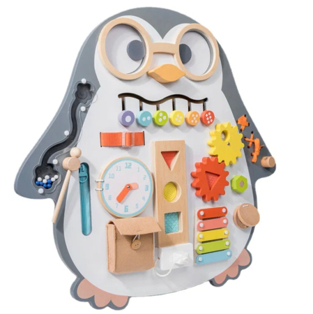 Jocuri si Jucarii - Placa Montessori Busy Board Pinguin, din lemn