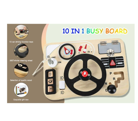 Jocuri si Jucarii - Jucarie Montessori Busy Board 10 in 1, cu Volan negru, din lemn