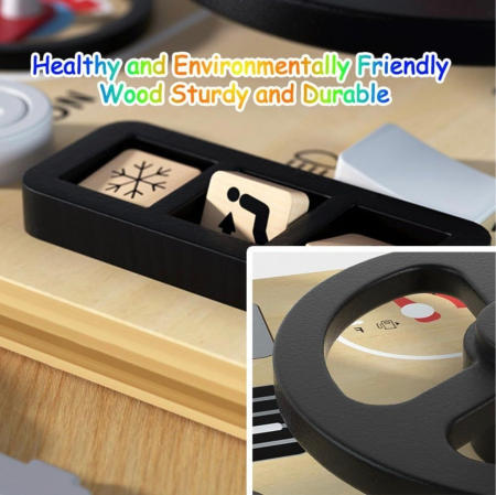 Jucarie Montessori Busy Board 10 in 1, cu Volan negru, din lemn [2]