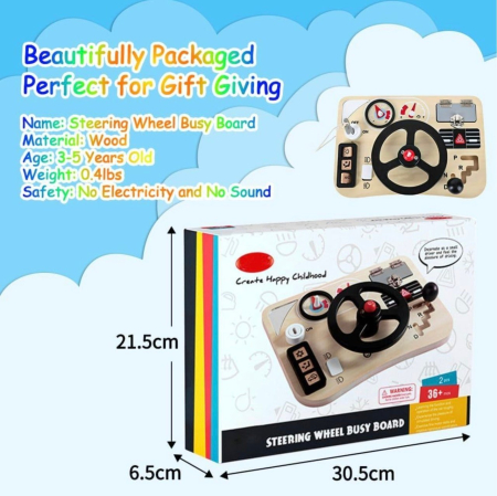 Jucarie Montessori Busy Board 10 in 1, cu Volan negru, din lemn [3]