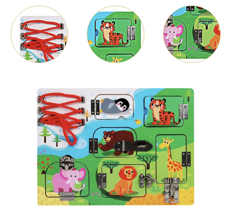 Jocuri si Jucarii - Plansa Montessori cu 7 activitati, incuietori si siretuit, din lemn