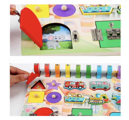 Plansa multifunctionala Busy Board cu lacate, incastru si de pescuit, din lemn [2]