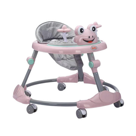 La plimbare - Premergator reglabil pe inaltime cu panou detasabil Broscuta Roz, pliabil, 6 roti, 6 luni+