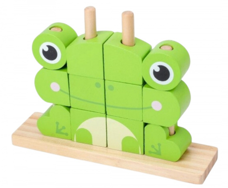 Jucarii din LEMN - de tip Montessori - Puzzle 3D din 12 cuburi colorate, pe tije, Broscuta verde