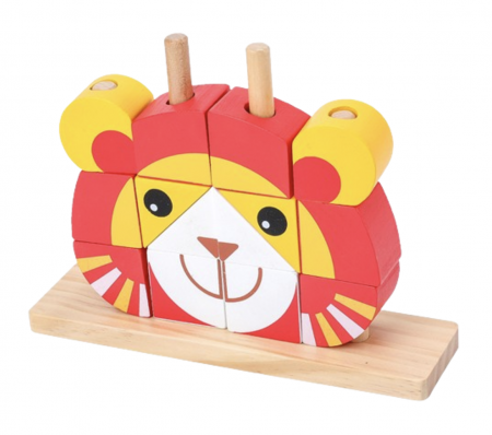 Jucarii din LEMN - de tip Montessori - Puzzle 3D din 12 cuburi colorate, pe tije, Leul rosu cu galben