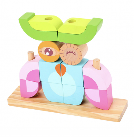 Jocuri si Jucarii - Puzzle 3D din 14 cuburi colorate, pe tije, Bufnita roz cu bleu