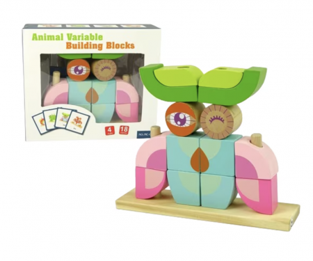 Puzzle 3D din 14 cuburi colorate, pe tije, Bufnita roz cu bleu [3]