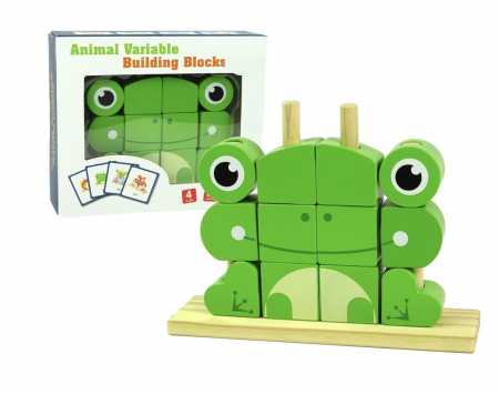Jucarii din LEMN - de tip Montessori - Puzzle 3D din 12 cuburi colorate, pe tije, Broscuta verde