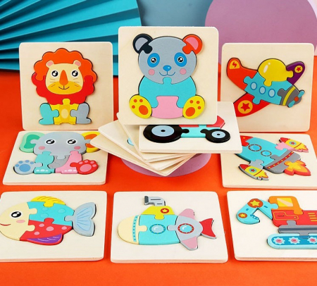 Puzzle lemn, incastru - Puzzle 3D mini pastel, 12 modele, din lemn
