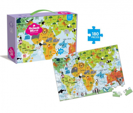 Jocuri si Jucarii - Puzzle clasic, 180 piese, Harta lumii si animalele
