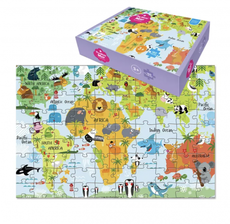 Jocuri si Jucarii - Puzzle clasic, 180 piese, Harta lumii si animalele
