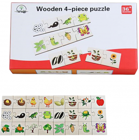 Jucarii din LEMN - de tip Montessori - Puzzle de Asociere cu Animale si evolutia lor, 24 Piese