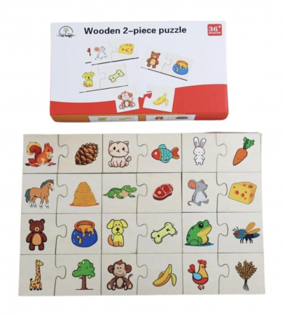 Jucarii din LEMN - de tip Montessori - Puzzle de Asociere cu Animale si ce mananca ele, 24 Piese