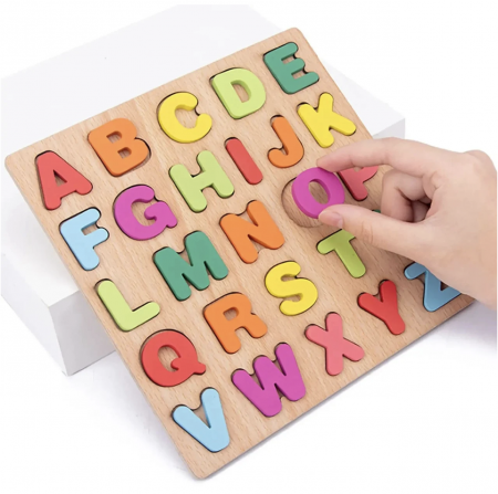 Jucarii din LEMN - de tip Montessori - Puzzle incastru 3D litere mari, din lemn, 20x20 cm