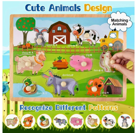 Jocuri si Jucarii - Puzzle Incastru Cu Buton si Imagini cu Animale de la Ferma, din lemn