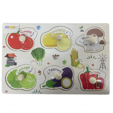 Jocuri si Jucarii - Puzzle incastru cu butoni si imagini, Legume, din lemn, 22 x 15 cm