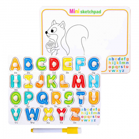 Jocuri si Jucarii - Puzzle incastru cu tablita de desen si marker, Literele alfabetului, din lemn
