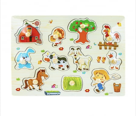 Puzzle lemn, incastru - Puzzle Incastru Din Lemn Cu Animale Domestice Cu Buton Si Imagini