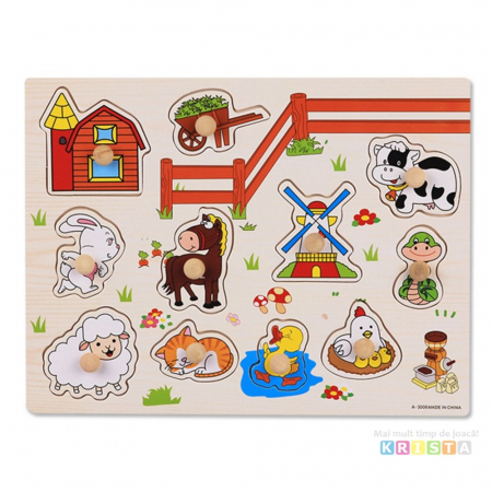 Puzzle lemn, incastru - Puzzle Incastru Din Lemn Cu Animale si Casuta De La Ferma Cu Buton Si Imagini