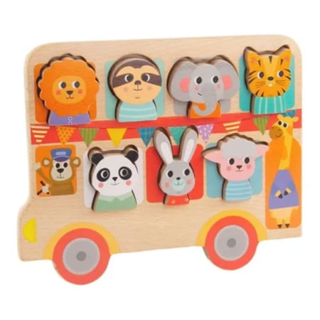 Jocuri si Jucarii - Puzzle incastru si snuruit din lemn Autobuzul cu animale, 7 figurine 3D, Montessori, +18 luni