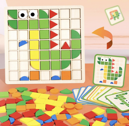 Jucarii din LEMN - de tip Montessori - Puzzle mozaic cu piese 3D, cu Animale, 120 piese, din lemn