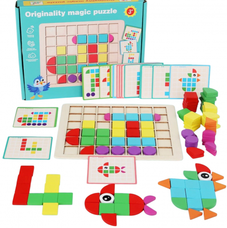 Jocuri de logica si memorie, din lemn - Puzzle mozaic cu piese 3D, cu 4 nivele dificultate, 120 piese, Locomotiva, din lemn