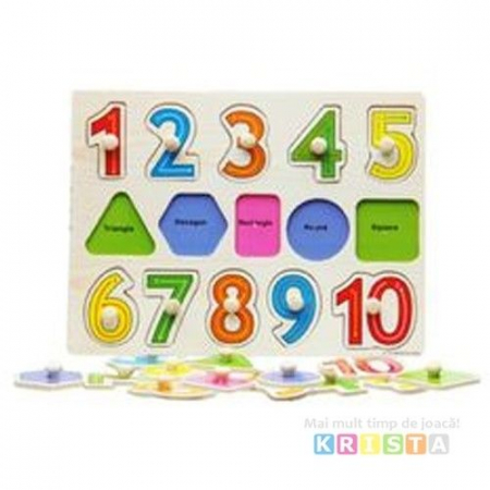 Puzzle lemn, incastru - Puzzle Si Incastru Din Lemn Cu Cifre Si Forme Geometrice Cu Buton Si Imagini