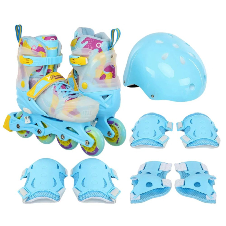 Role - Role copii 2 in 1 BW230, reglabile S 31-34, casca, protectii, bleu cu alb