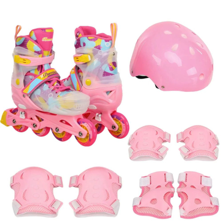 Role - Role copii 2 in 1 BW230, reglabile S 31-34, casca, protectii, roz cu alb