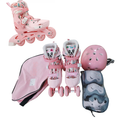 Role - Role copii 2 in 1, R011, cu casca, cotiere si genunchiere, masuri reglabile 29-32, roz pal, S