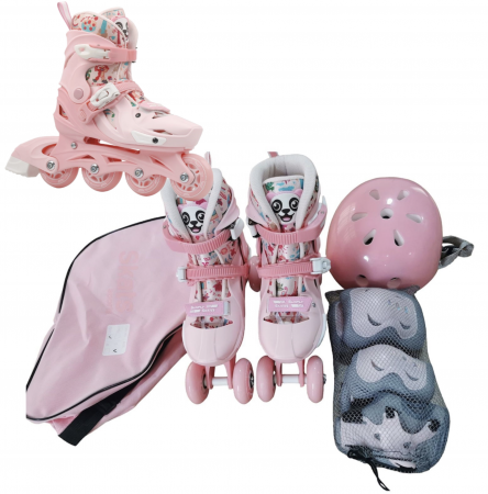 Role copii 2 in 1, R011, cu casca, cotiere si genunchiere, masuri reglabile 29-32, roz pal, S [5]