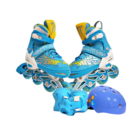 Role - Role copii 2 in 1, R09 cu casca, cotiere si genunchiere, masuri reglabile 31-34, albastru S