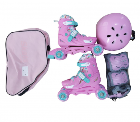 Role copii 2 in 1, R010S cu casca, cotiere si genunchiere, masuri reglabile 29-32, roz [5]