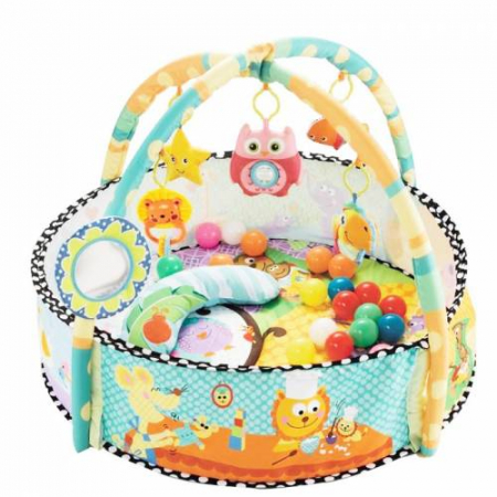 Covorase si saltele de joaca - Saltea de joaca 2 in 1 pentru bebelusi, cu bile, pernuta si bara jucarii Happy Space Play Gym, bleu