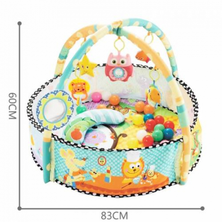 Saltea de joaca 2 in 1 pentru bebelusi, cu bile, pernuta si bara jucarii Happy Space Play Gym, bleu [2]