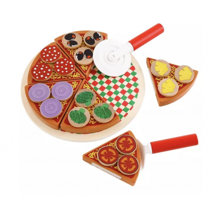 Jucarie Montessori Pizza de feliat, cu 27 accesorii, din lemn [0]