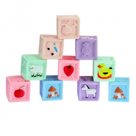 Jucarii senzoriale - dentitie, zornaitoare, de patut si carucior - Set 10 Cuburi moi, Pastel Pentru Bebe