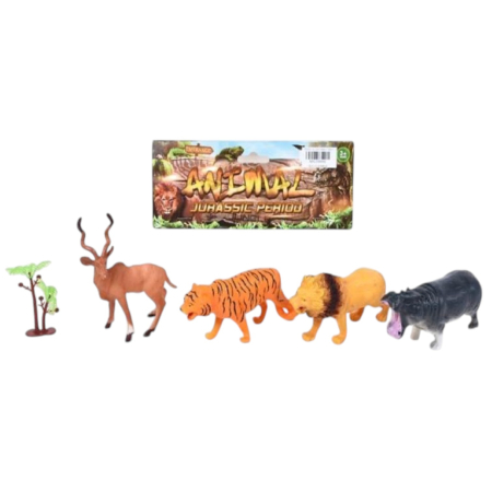 Jocuri si Jucarii - Set Figurine Animale Salbatice Safari Cu Copacel Leu Tigru Cerb, 3 Ani