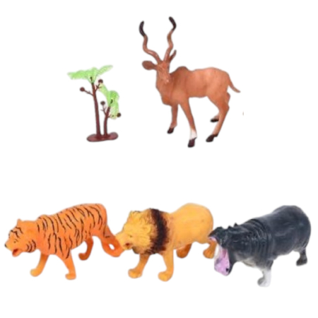Jocuri si Jucarii - Set Figurine Animale Salbatice Safari Cu Copacel Leu Tigru Cerb, 3 Ani