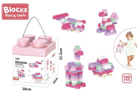 Jocuri si Jucarii - Set 140 piese de construit Building Blocks multicolore, cutie depozitare cu maner, Roz