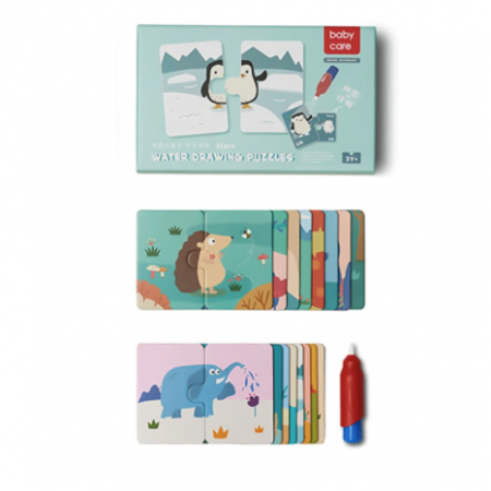 Jocuri si Jucarii - Set 16 puzzle cu 2 piese mari si de colorat cu apa, 32 piese - Animale