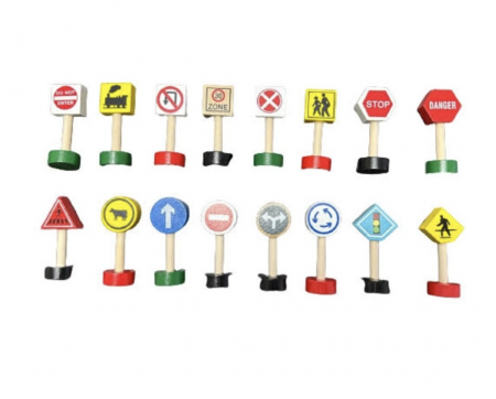 Jucarii din LEMN - de tip Montessori - Set 16 Semne de Circulație, multicolor, 7 cm, din lemn