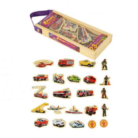 Jocuri magnetice - Set 23 piese magnetice din lemn, cu ilustratii grafice mijloace de transport