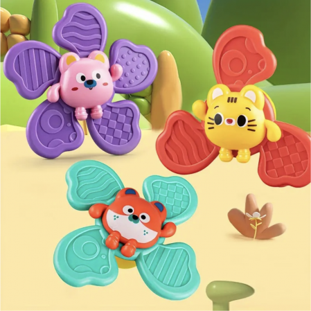 Jocuri si Jucarii - Set 3 jucarii senzoriale cu spinner si ventuza, Animalute, pentru bebelusi