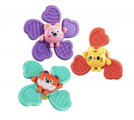 Jocuri si Jucarii - Set 3 jucarii senzoriale cu spinner si ventuza, Animalute, pentru bebelusi