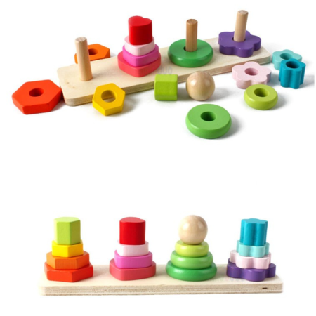 Jocuri si Jucarii - Set 4 coloane sortatoare tip mini turn, Joc Montessori din lemn
